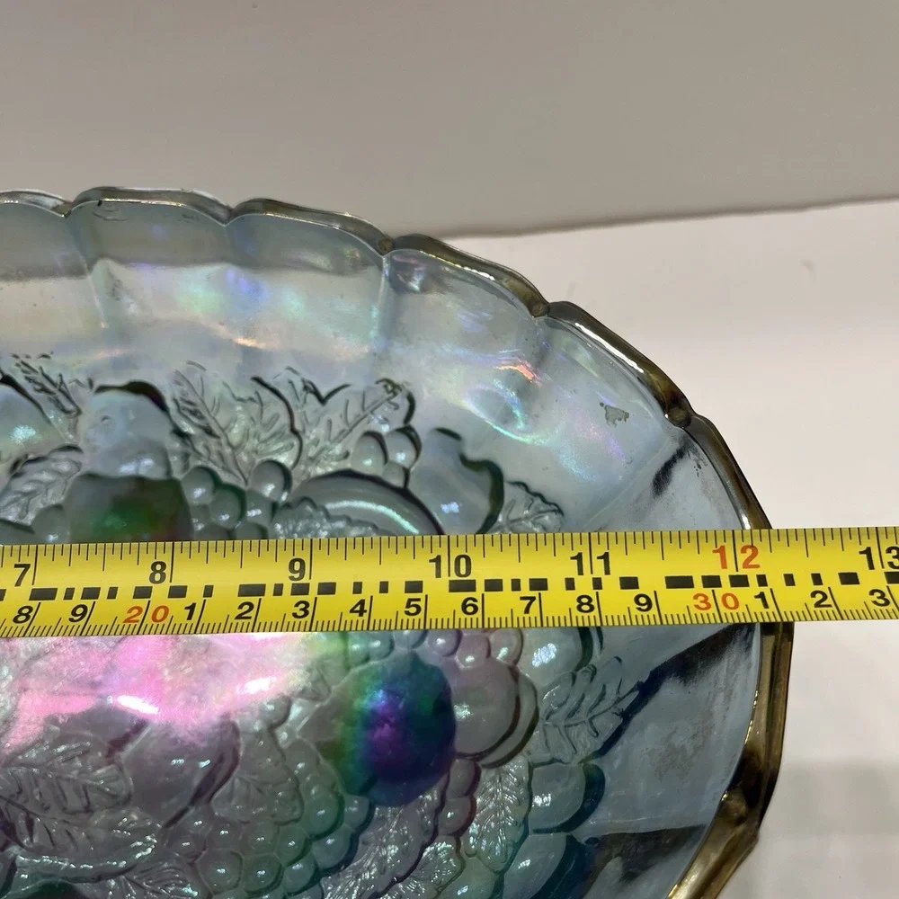 Indiana Glass Iridescent Blue Harvest Carnival Grape Fruit Bowl Footed Vintage